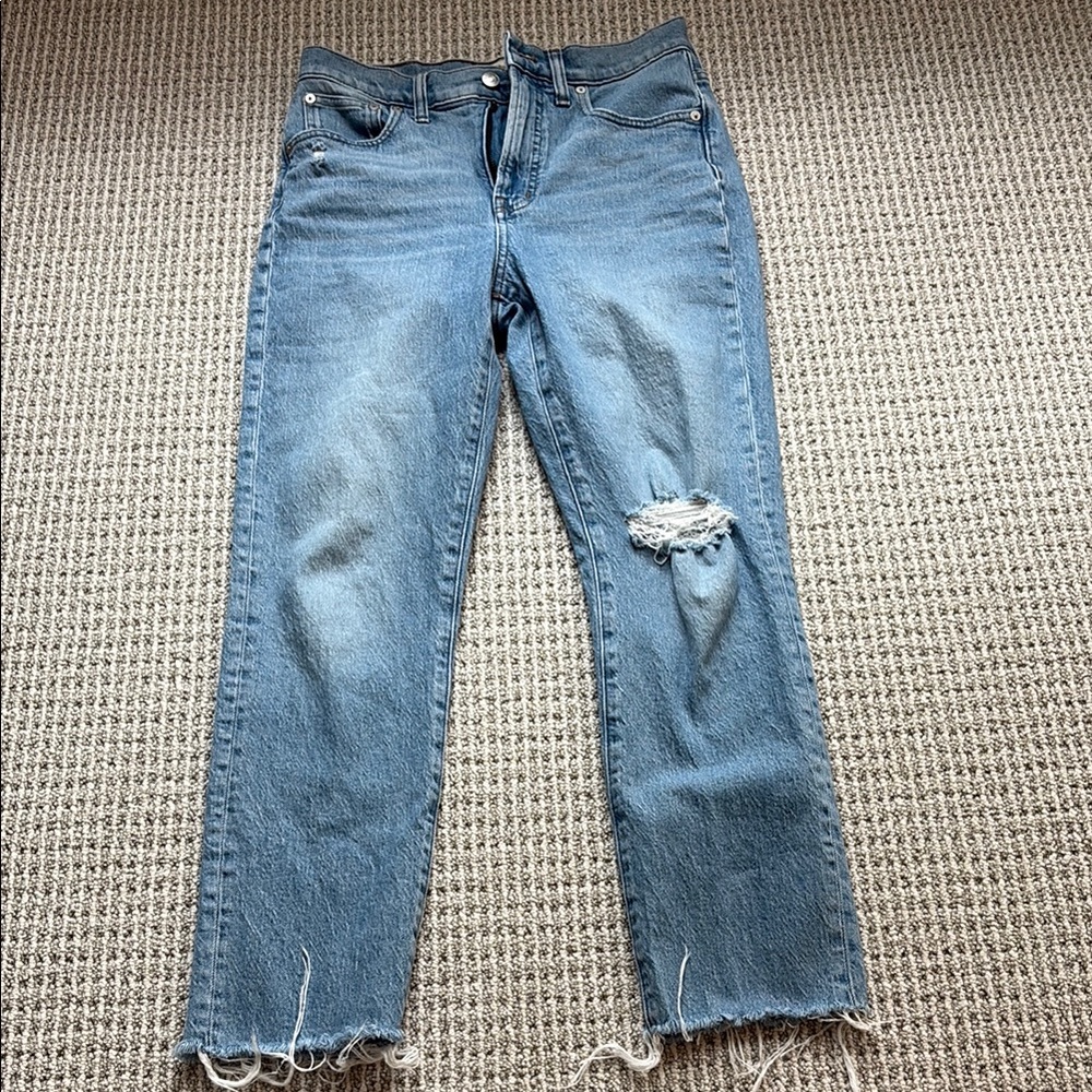 Madewell Blue Straight Leg Jeans with Distressed Details